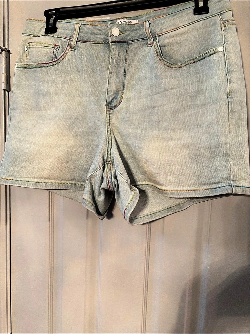Judy Blue Denim Blue Jean Short Shorts with Rainbow Stitching